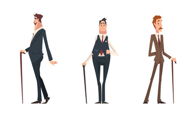 Fototapeta premium Victorian Tall Man Gentleman in Elegant Suit with Cane Having Respectful Manner Standing Vector Set