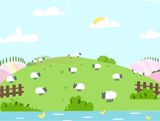 Vector illustration. Landscape with sheep, river and ducks
