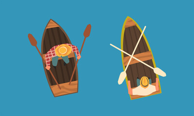 Man Rowing Boat with Paddle or Oar Drifting on Blue Surface of Water Above View Vector Set