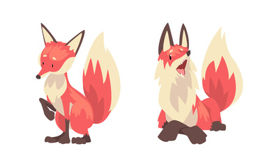 Fox Animal with Upright Ears, Pointed Snout and Long Bushy Tail in Different Poses Vector Set