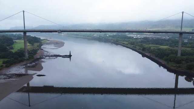 Cars Driving over Erskine Bridge on River Clyde in Scotland, Gateway to the Highlands - Aerial Drone 4K HD Footage, Zoom In
