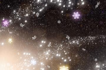 abstract background with stars and snowflakes in bright light in the night sky