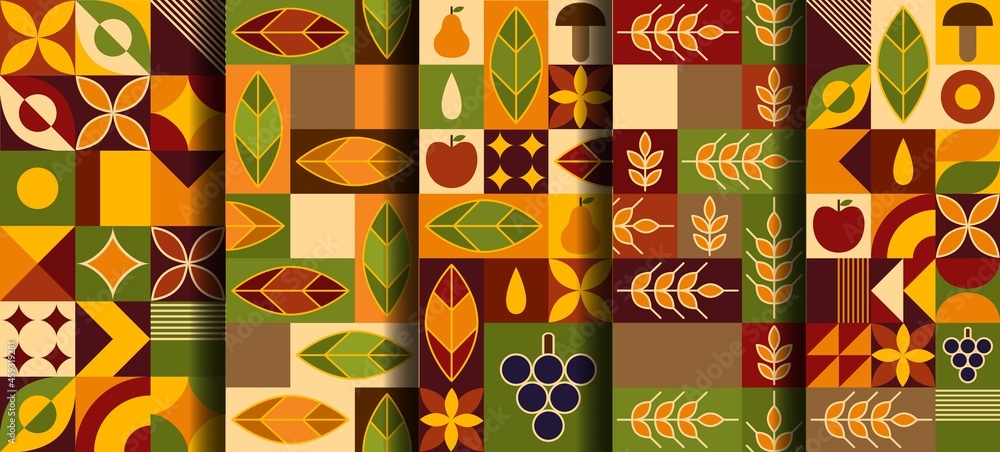Aufkleber set of fall patterns in geometric style.