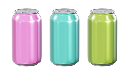 Realistic 3D illustration of the metallic light pink, light turquoise and light green blank alcohol or soft drink tin cans isolated on white