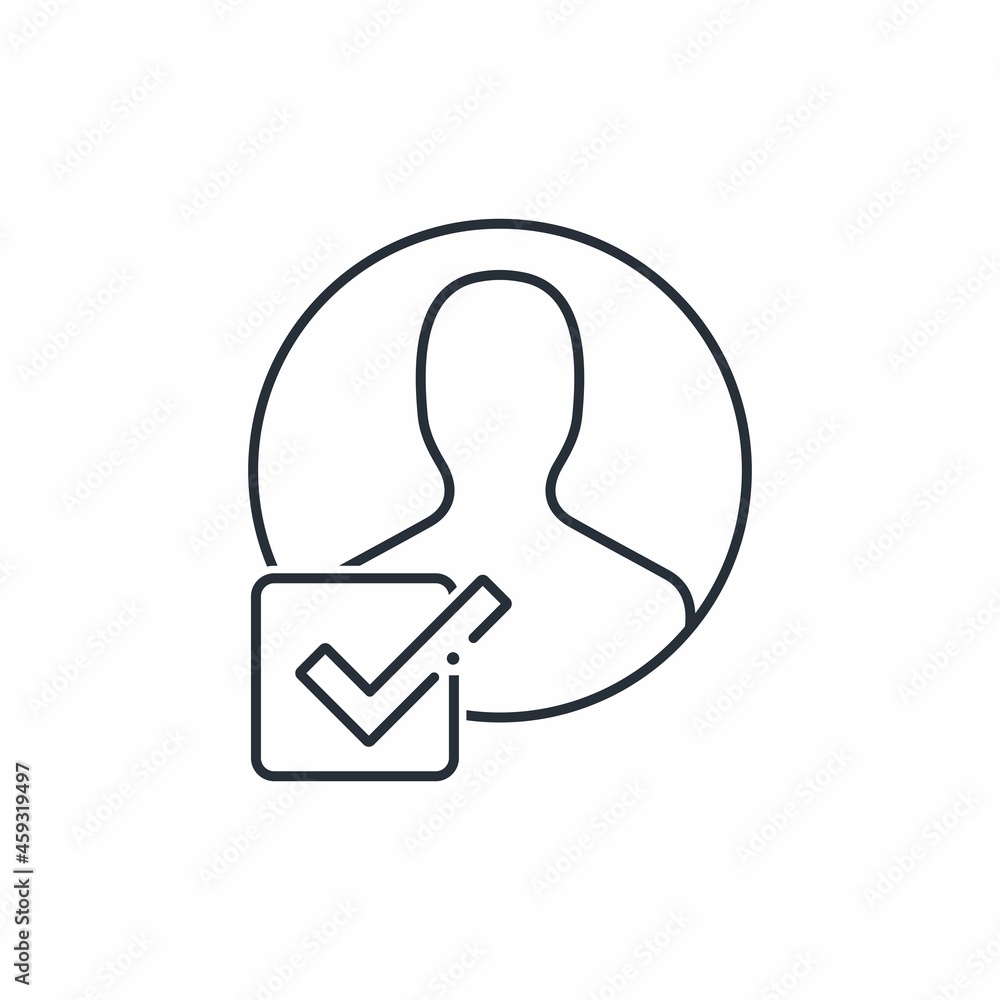 Poster user marked with a square icon with a check mark. vector linear icon isolated on white background.