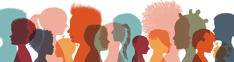 Heads faces colored silhouettes multicultural and multiethnic diversity children in profile. Concept of study education and learning. Kindergarten or elementary school education. Banner - obrazy, fototapety, plakaty