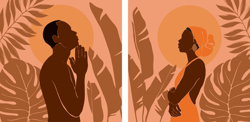 Set of profile portrait african woman and man stands with large tropical monstera, banana, palm leaves. Night or morning landscape with sun or moon background. Vector illustration in Flat style.