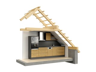 Stylized building with kitchen, 3D model