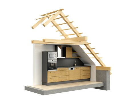 Stylized building with kitchen, 3D model