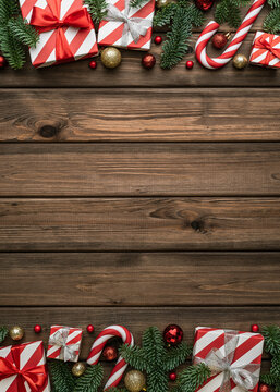 Christmas background with gift boxes and decorations on vintage background