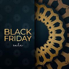 Blue black friday sale poster with geometric gold ornament