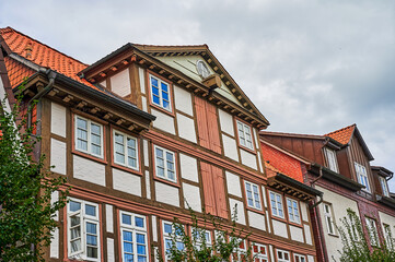View to the German medieval town Dannenberg. You can see the facade of a historic house with half-timbered architecture.