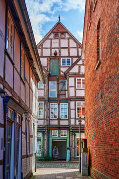 View to the German medieval town Dannenberg. You can see the facade of a historic house with half-timbered architecture.