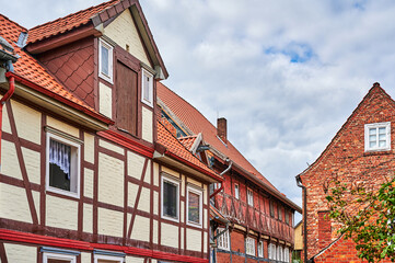 View to the German medieval town Dannenberg. You can see the facade of a historic house with half-timbered architecture.