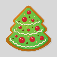 Cute gingerbread cookies with icing, in the shape of a Christmas tree. Sweets for Christmas. Vector graphics.