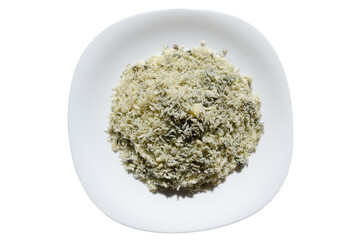 Green moldy on grated cheese isolate on white	
