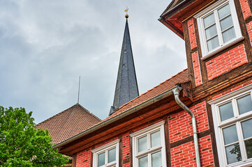 Obraz premium View to the German medieval town Dannenberg. You can see the facade of a historic house with half-timbered architecture.