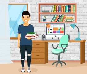 A young student is studying or preparing for exams at home. A young student studies hard. The guy is standing with a book. Illustration of the educational process. Flat style. Cartoon.