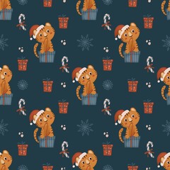 Seamless tiger pattern with New Year's gift and snowflakes
