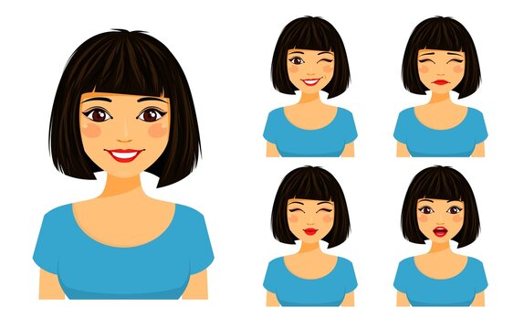Cute brunette with different facial expressions. Set of emotions. Flirting, kissing, sad, surprised, winking.   Flat style on white background. Cartoon. 

