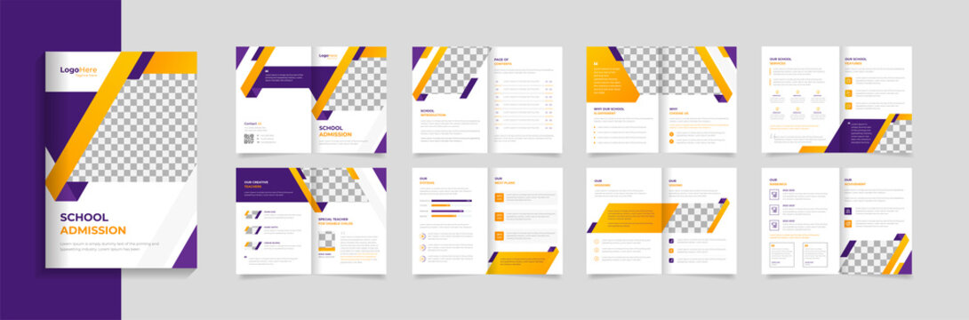 School education 16 pages brochure template design, creative shapes layout kids premium vector