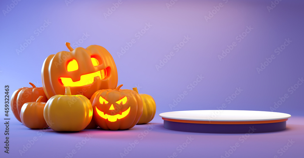 Poster minimalist halloween platform with pumpkins on purple background for product display in 3d rendering