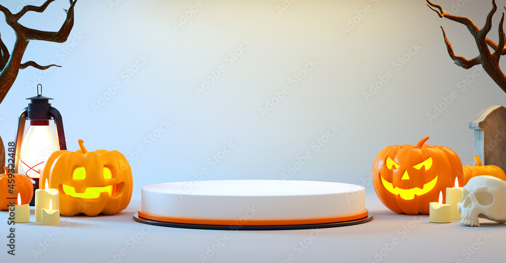 Aufkleber 3d rendering of a halloween podium platform with pumpkins on white background for stuff presentation