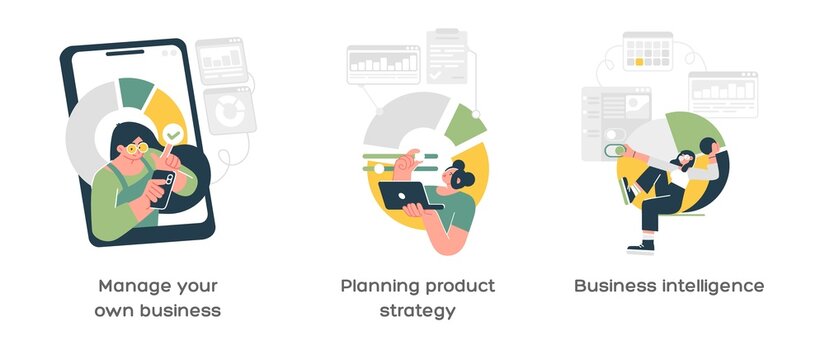Strategic business planning abstract concept vector illustration set. Manage business, Planning product strategy, Business intelligence abstract metaphors