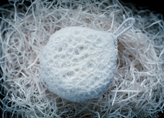 closeup photo of a white exfoliating bath sponge - 459322834