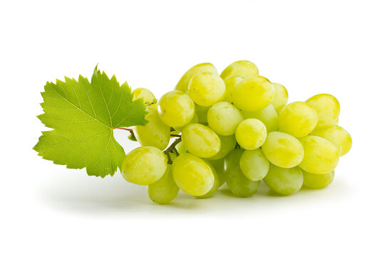 Fresh bunch of white grapes with green leaf on white background