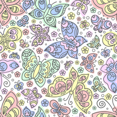 Seamless background with butterflies. Doodle style. Summer theme.Vector