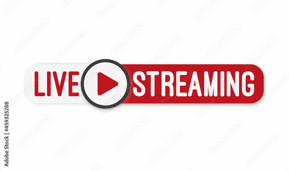 Aufkleber live stream flat logo - red vector design element with play button. vector illustration
