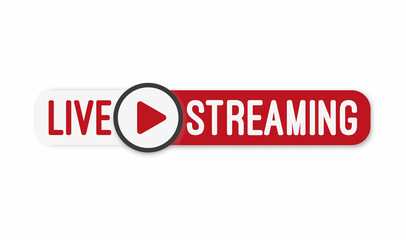 Live stream flat logo - red vector design element with play button. Vector illustration