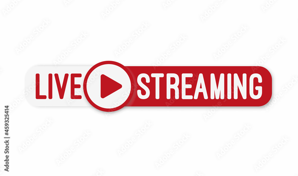 Aufkleber live stream flat logo - red vector design element with play button. vector illustration