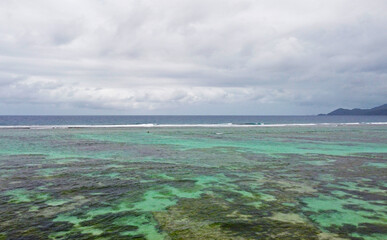 Obraz premium Top view of a beautiful emerald beach with corals in the Seychelles