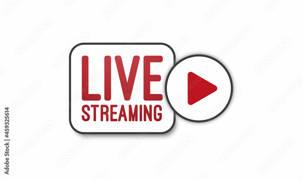Aufkleber live stream flat logo - red vector design element with play button. vector illustration