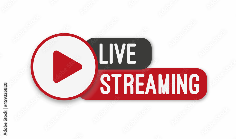 Poster live stream flat logo - red vector design element with play button. vector illustration
