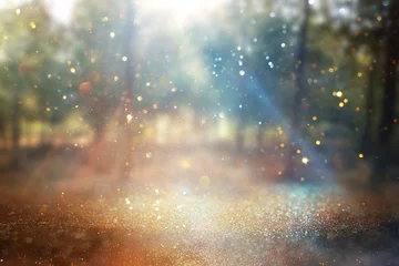 Poster vage abstracte foto van lichtuitbarsting tussen eenzame boom en glitter gouden bokehlichten © tomertu
