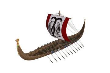 Obraz na płótnie Canvas Viking war longboat with sails and packs isolated on the white background. 3D rendering illustration.