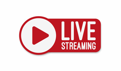 Live stream flat logo - red vector design element with play button. Vector illustration