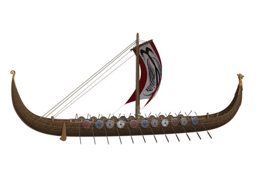 Viking war longboat with sails and packs isolated on the white background. 3D rendering illustration.