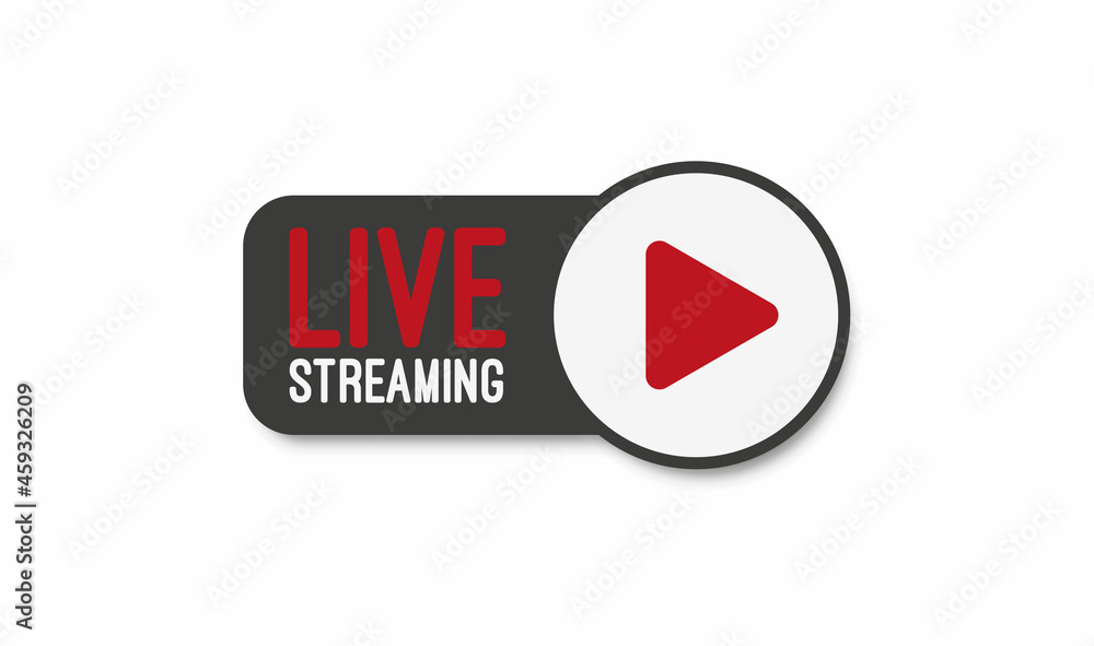 Aufkleber live stream flat logo - red vector design element with play button. vector illustration