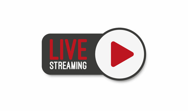 Live stream flat logo - red vector design element with play button. Vector illustration