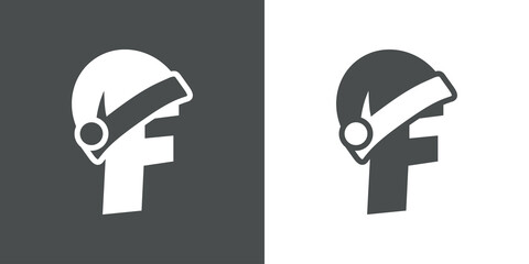 Logotipo con letra inicial F con silueta de gorro de Papá Noel en fondo gris y fondo blanco