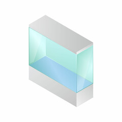 Isometric vector illustration empty glass cube isolated on white background. Realistic glass display box icon. Modern clear glass showcase. Transparent acrylic, plastic or plexiglass box for exhibit.