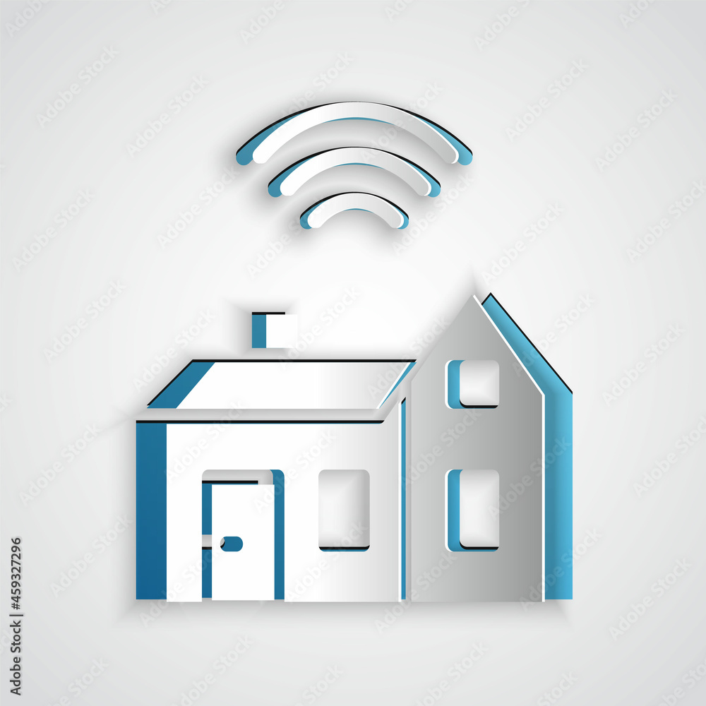Poster Paper cut Smart home with wireless icon isolated on grey background. Remote control. Internet of things concept with wireless connection. Paper art style. Vector