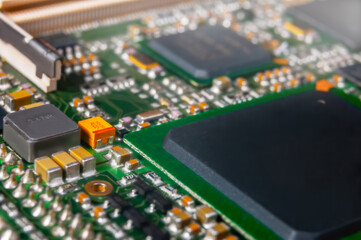 electronic circuit board with passive and active circuit components and IC close-up
