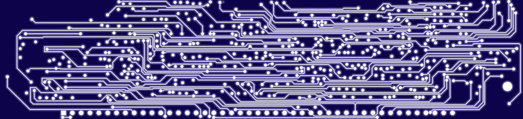 Technology backgraund of blue printed circuit board with neon highlighted wires and pads