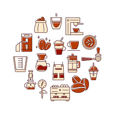 Fototapeta na wymiar Barista and coffee accessories circle layout with flat icons. Color filled symbols collection. Vector illustration