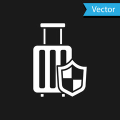 White Travel suitcase with shield icon isolated on black background. Traveling baggage insurance. Security, safety, protection, protect concept. Vector.